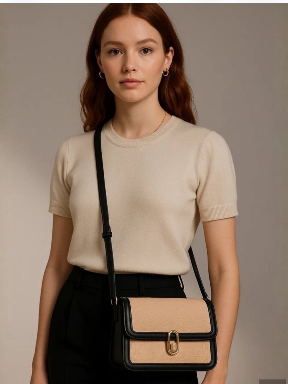 Structured Beige & Black Crossbody with Gold Accent